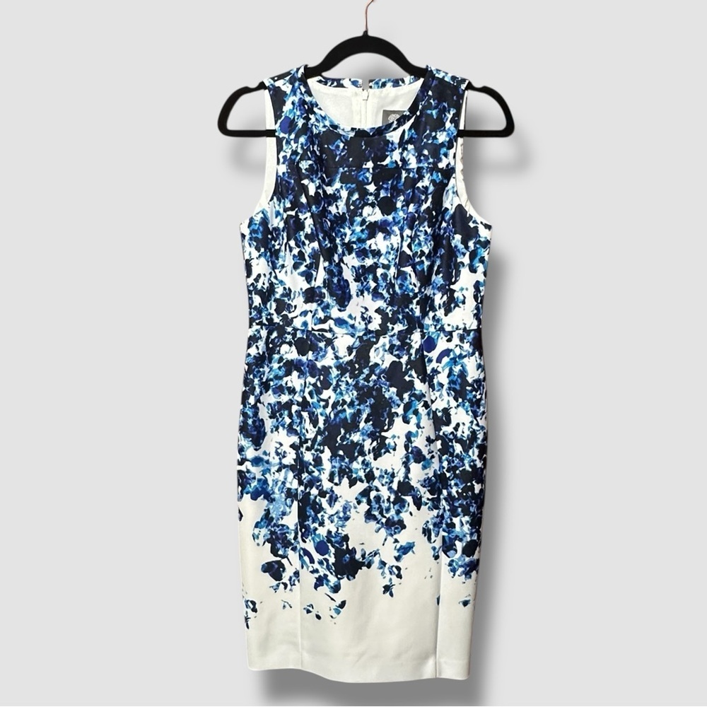 Vince Camuto Sleeveless Sheath Dress 8 Petite Blue White Watercolor Office